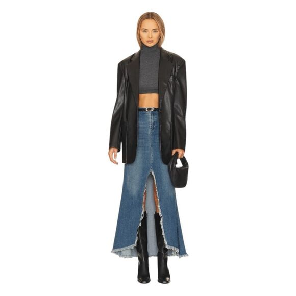 Show Me Your Mumu Reba Jeans Maxi Skirt Blue Denim Distressed Front Slit 26 - Picture 2 of 8